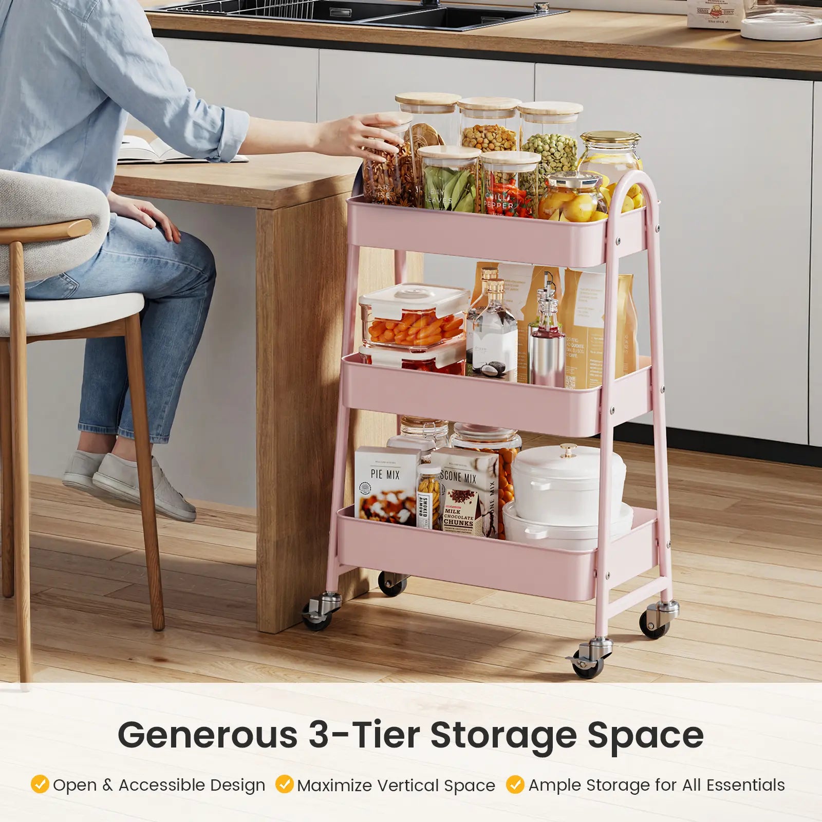 3‑Tier Rolling Metal Storage Cart | Space‑Saving Home Organizer