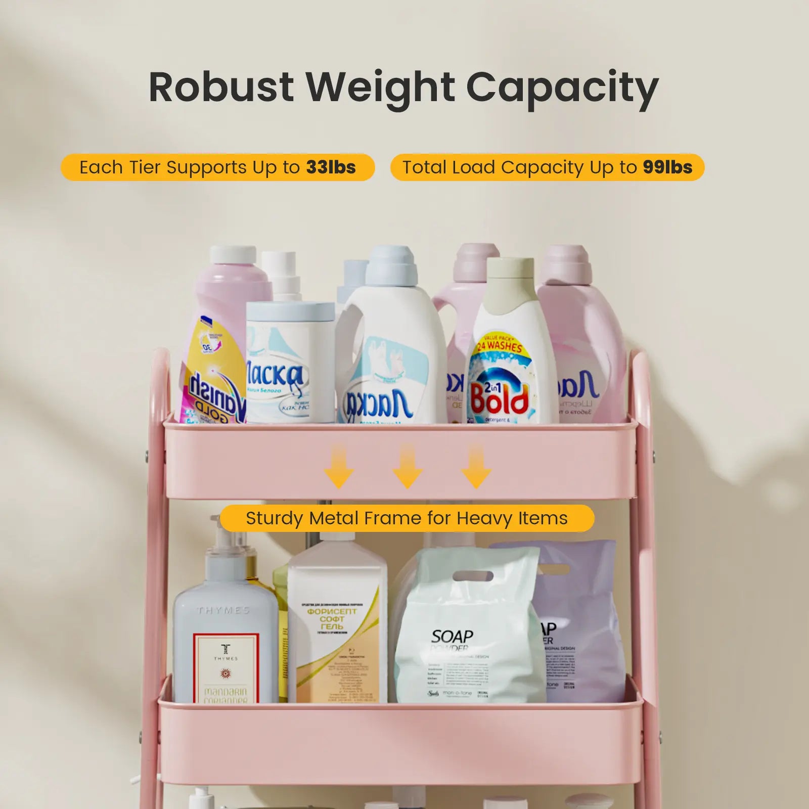 3‑Tier Rolling Metal Storage Cart | Space‑Saving Home Organizer