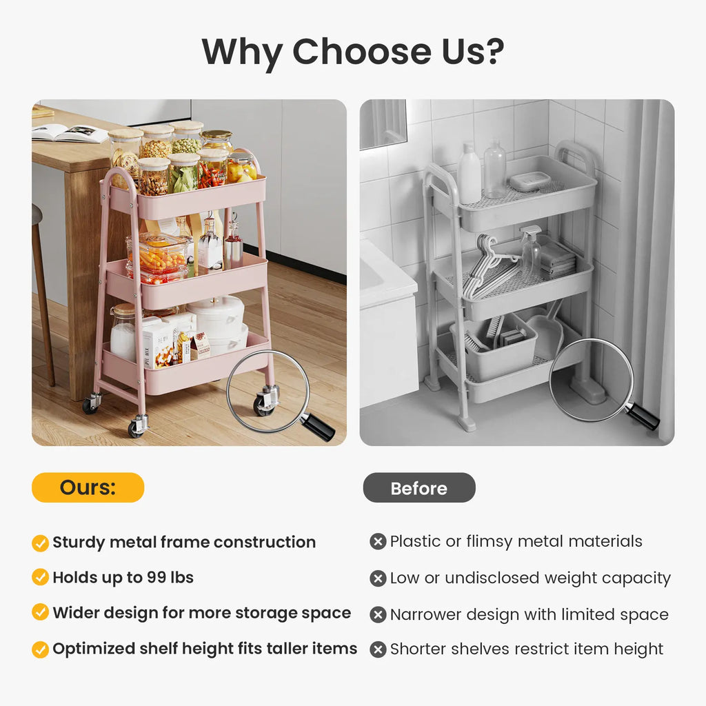3‑Tier Rolling Metal Storage Cart | Space‑Saving Home Organizer
