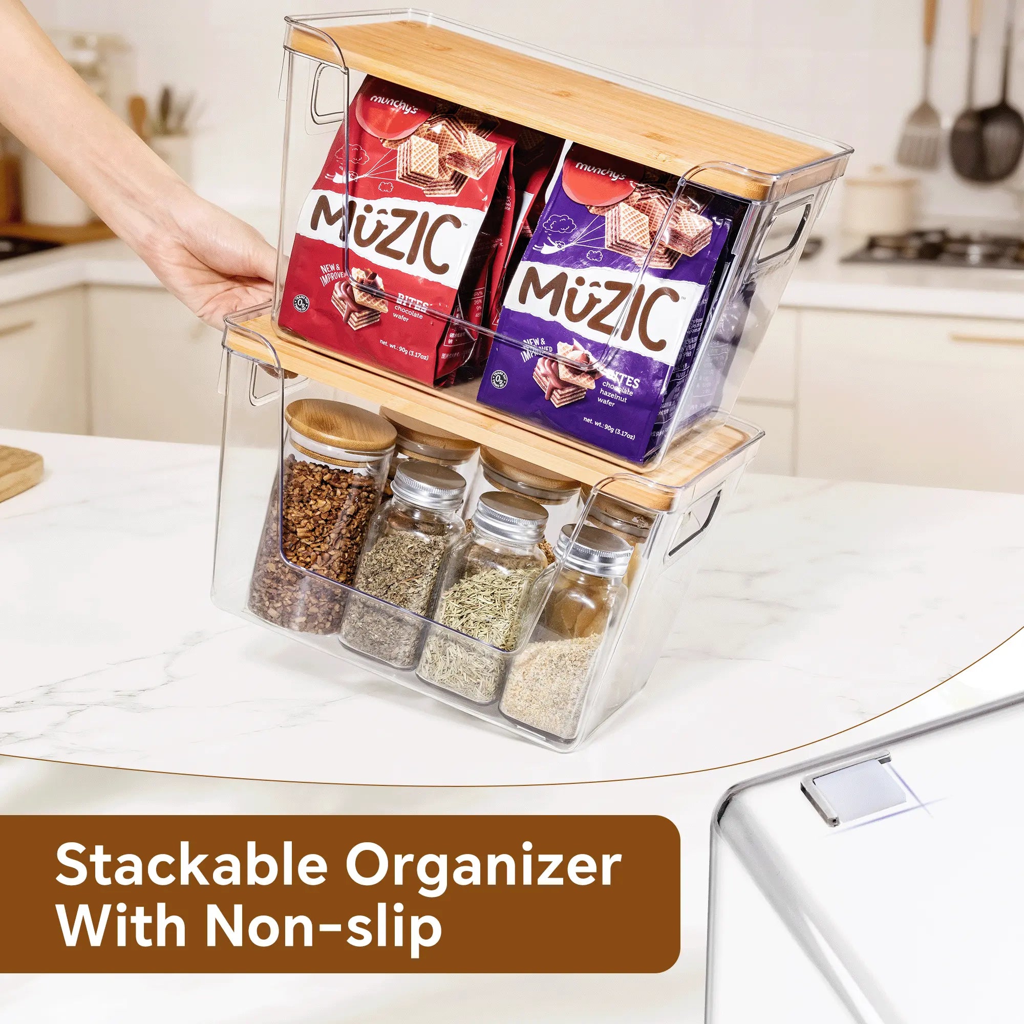 Clear Food Storage Box with Wooden Lid | Kitchen Counter Organizer