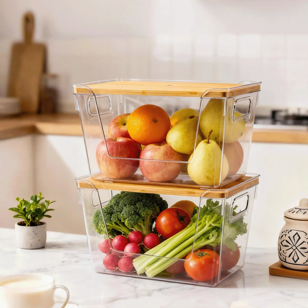 Clear Food Storage Box with Wooden Lid | Kitchen Counter Organizer