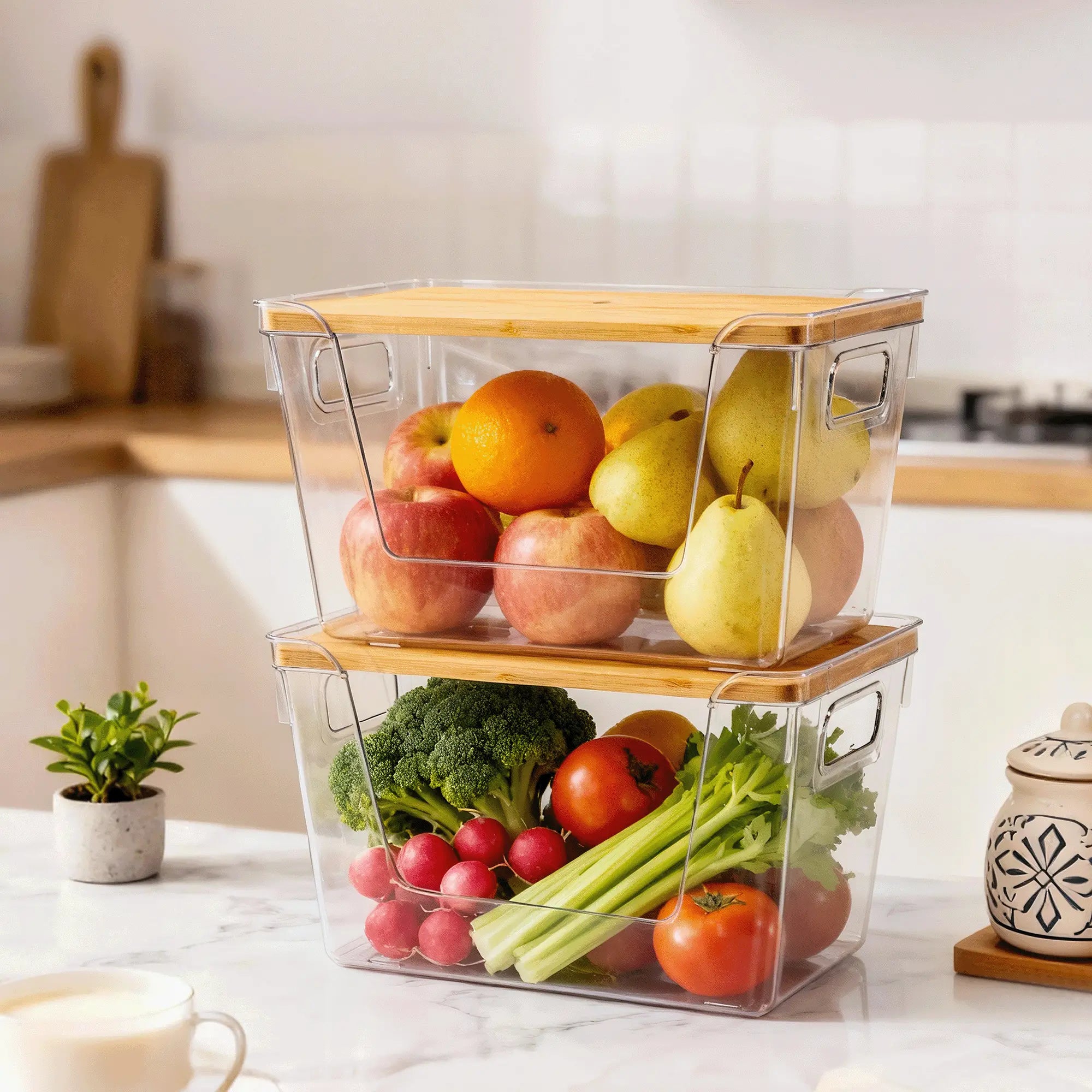 Clear Food Storage Box with Wooden Lid | Kitchen Counter Organizer