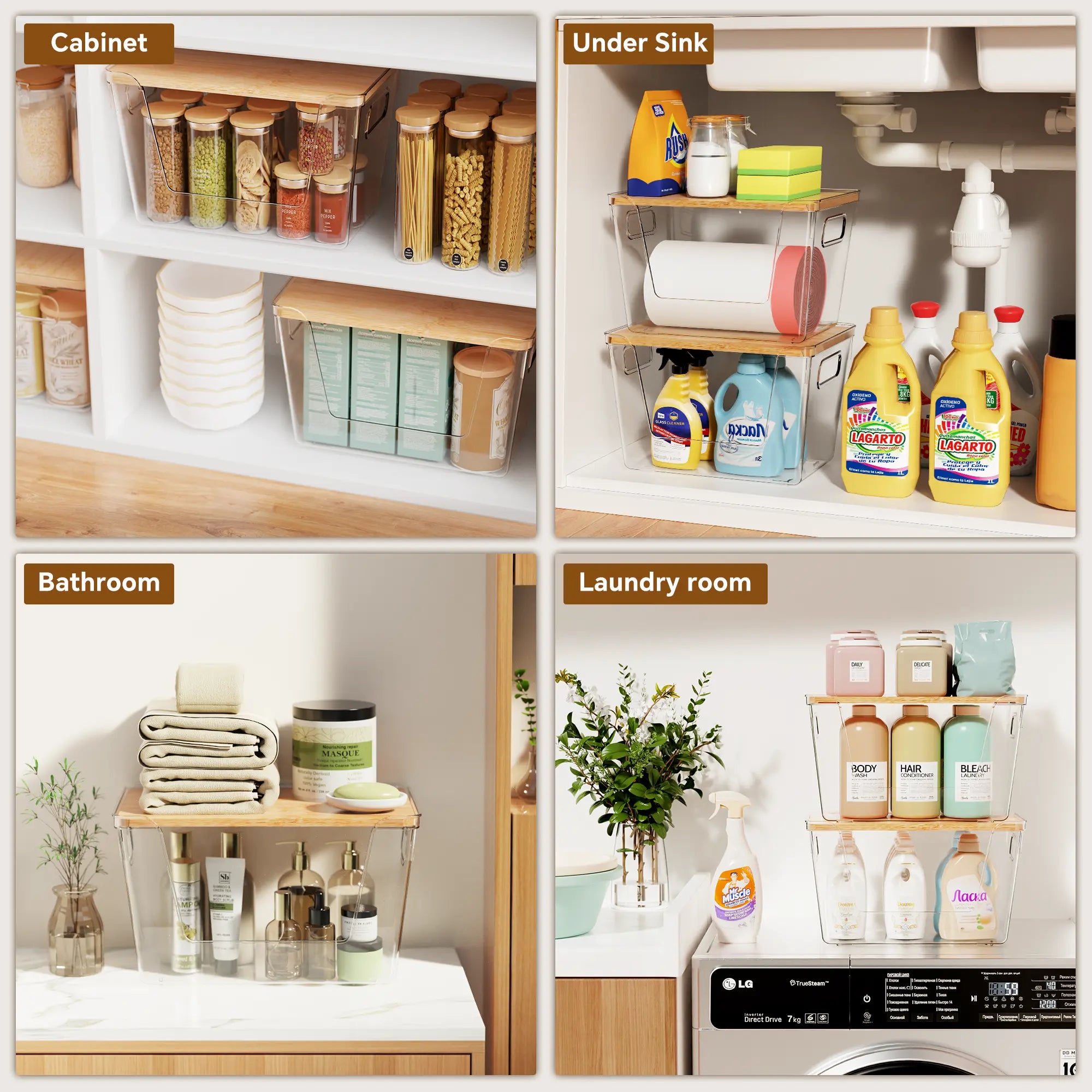 Clear Food Storage Box with Wooden Lid | Kitchen Counter Organizer